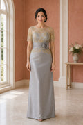 Silver Bateau Cap Sleeve Sheath Satin Floor-Length Dress With Beaded Waist