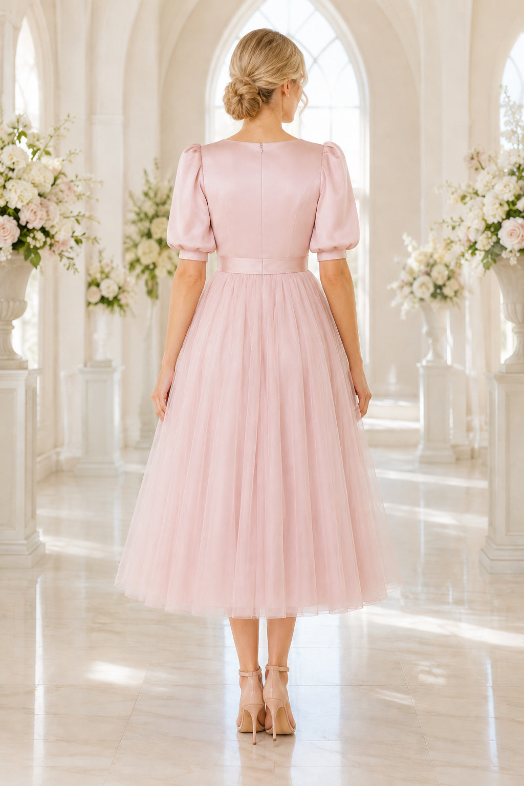 Pearl Pink Puff Sleeve Satin Bodice with Bow Sash and Tulle Skirt Tea Length A-Line Homecoming Dress back view