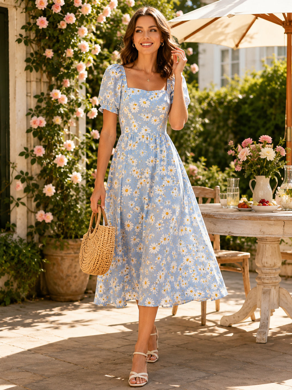 Blue Floral Square Neck Puff Sleeve Tea Length Sundress front view