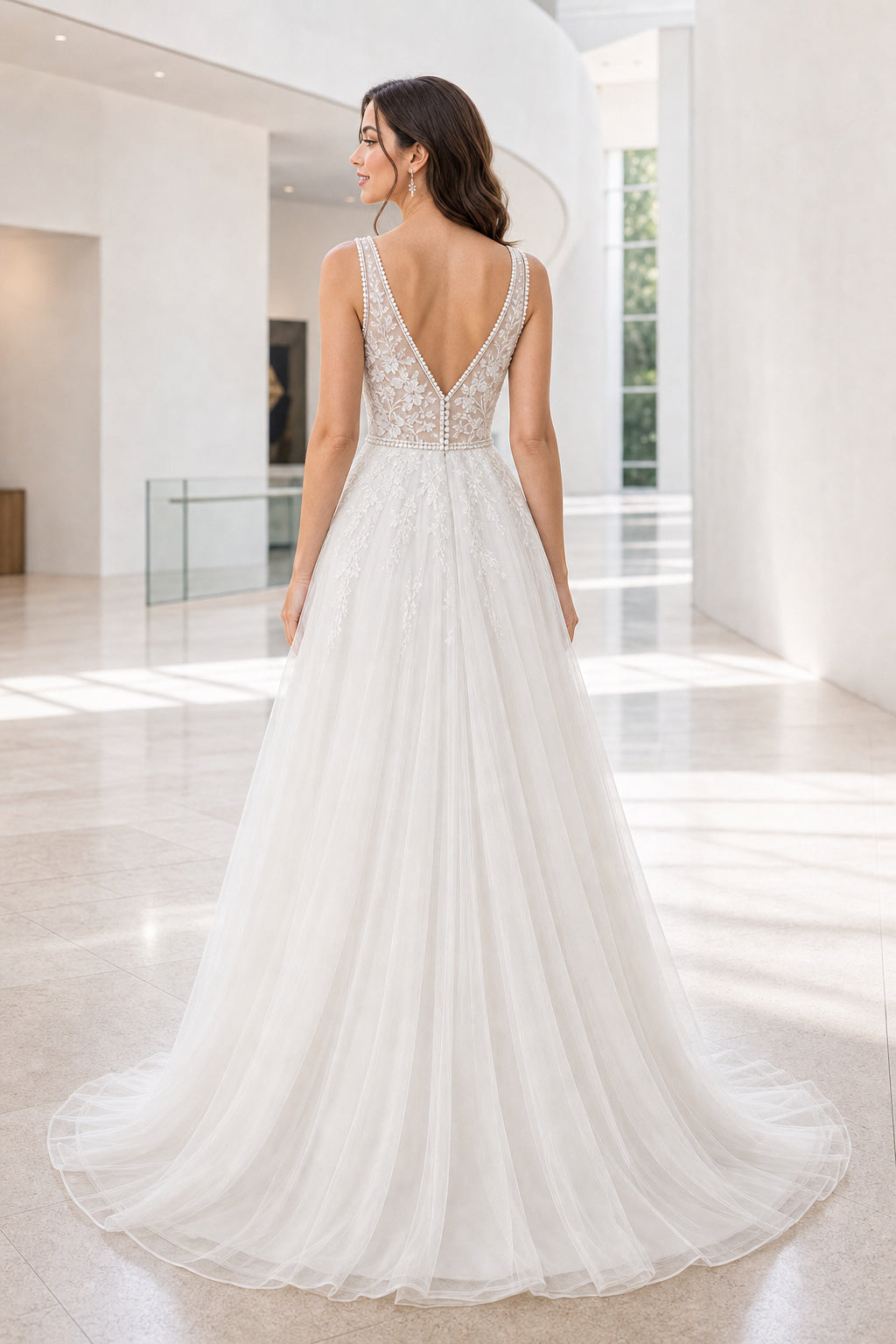 White Scoop Three-Quarter Sleeves A-Line Crepe Floor-length Wedding Dress With Lace Bodice and Sweep Train and Open Back