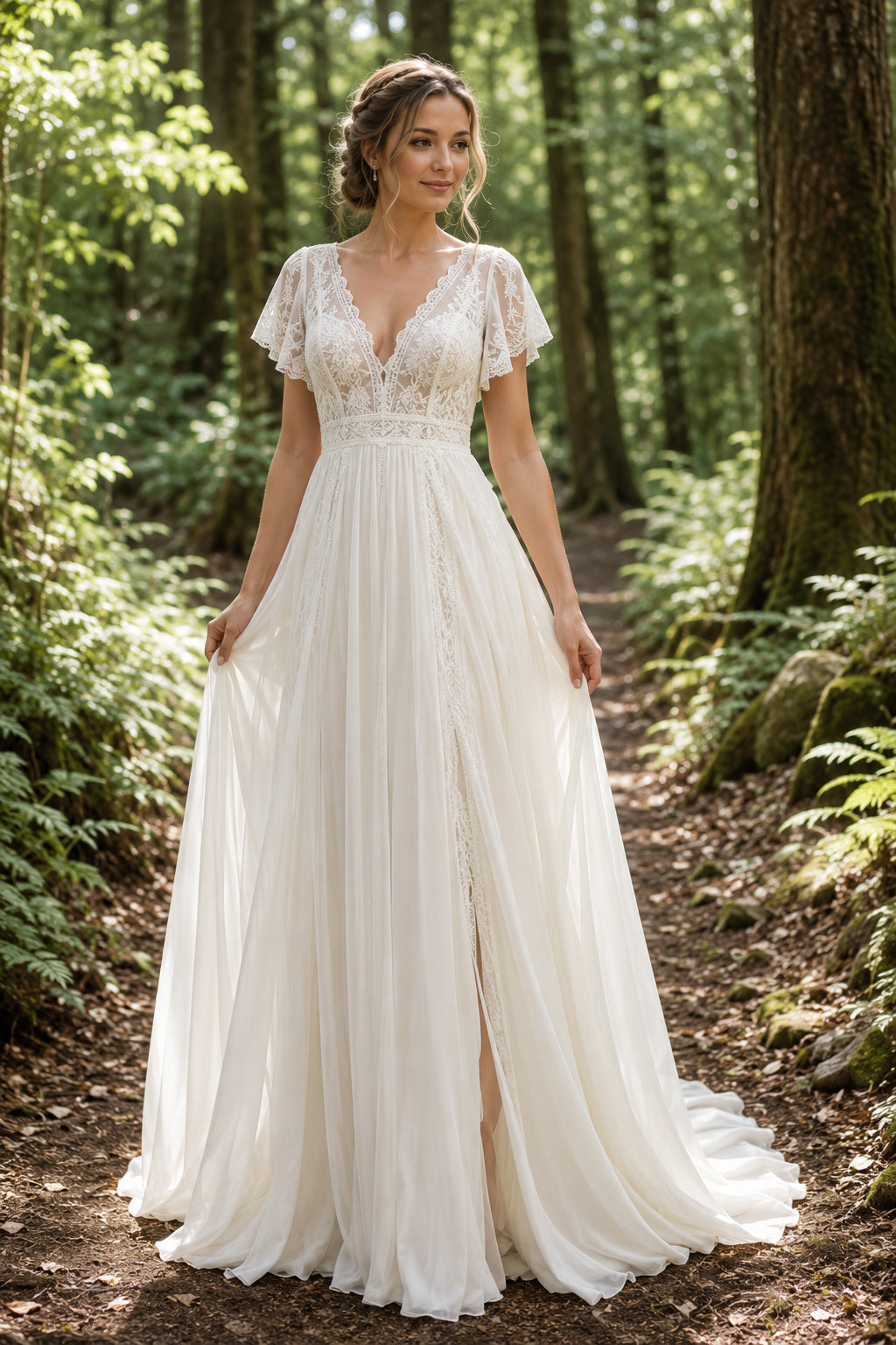 Flutter Sleeve V-Neck A-Line Wedding Dress with Chiffon Skirt and Soft Train for Beach Garden Ceremony Style MG_701262 front