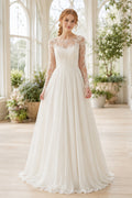 Bateau Long Sleeve A-Line Wedding Dress with Lace Bodice and Chiffon Sweep Train Style MG_701297 front view