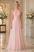 Blush Halter Neck Tulle A-Line Bridesmaid Dress with Keyhole Back front view