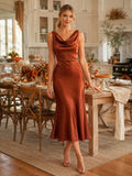 Rust Cowl Neck Satin Sheath Midi Thanksgiving Dinner Dress front view