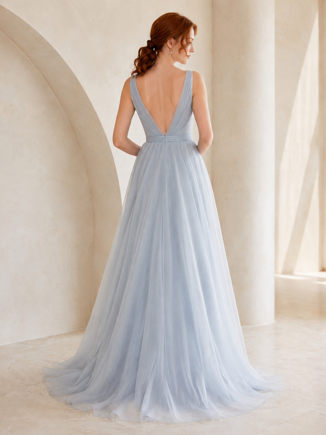 Steel Blue Deep V-Neck Straps Organza A-Line Wedding Dress back view