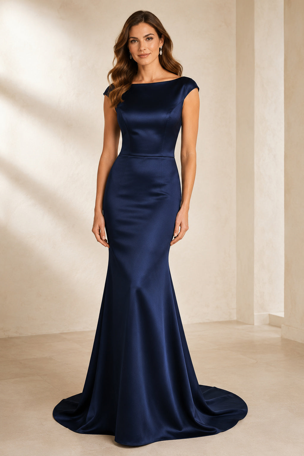 Dark Navy bateau neck cap sleeve stretch satin mermaid gown with sweep train Floor-length And Sweep/Brush Train Mermaid Trump