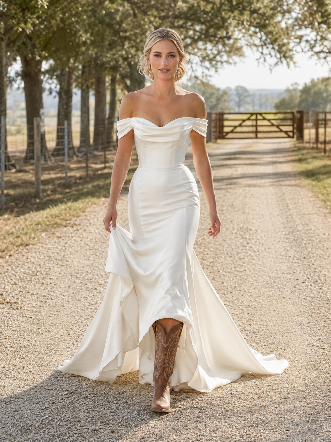Country Simple Modern Sexy Sheath Satin Wedding Dress with Off Shoulder Sweetheart Sleeveless Floor-Length Train Split Skirt