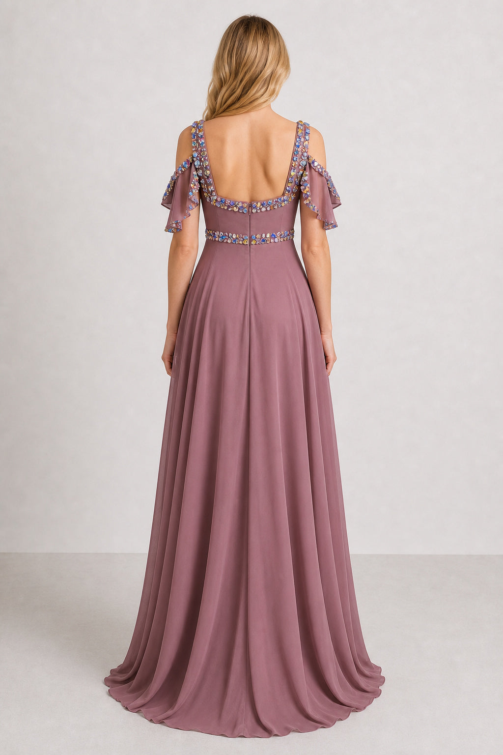 Mauve Off-the-Shoulder A-Line Chiffon Floor-Length Dress With Beaded Waist