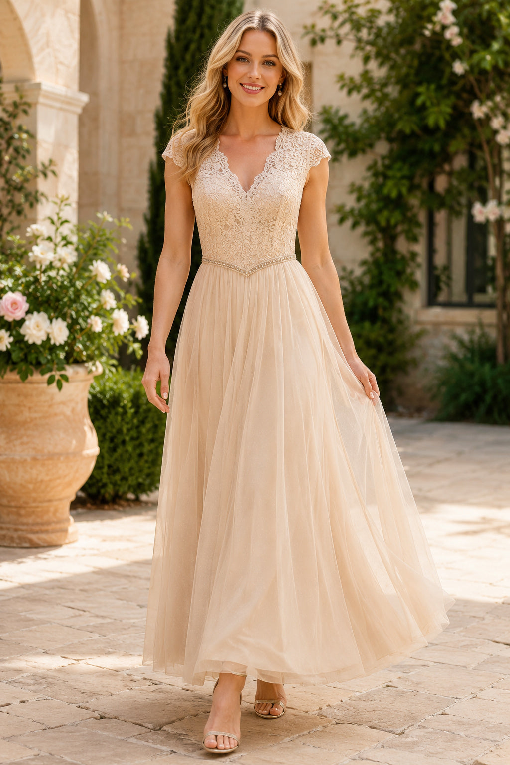 Ivory V Neck Lace Cap Sleeve Bodice with Soft Tulle Skirt Floor Length A-Line Wedding Dress front view