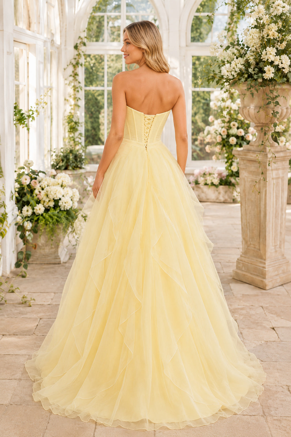 Daffodil Strapless Yellow Tulle A Line Gown with Soft Full Skirt Floor Length A Line Prom Dress back view