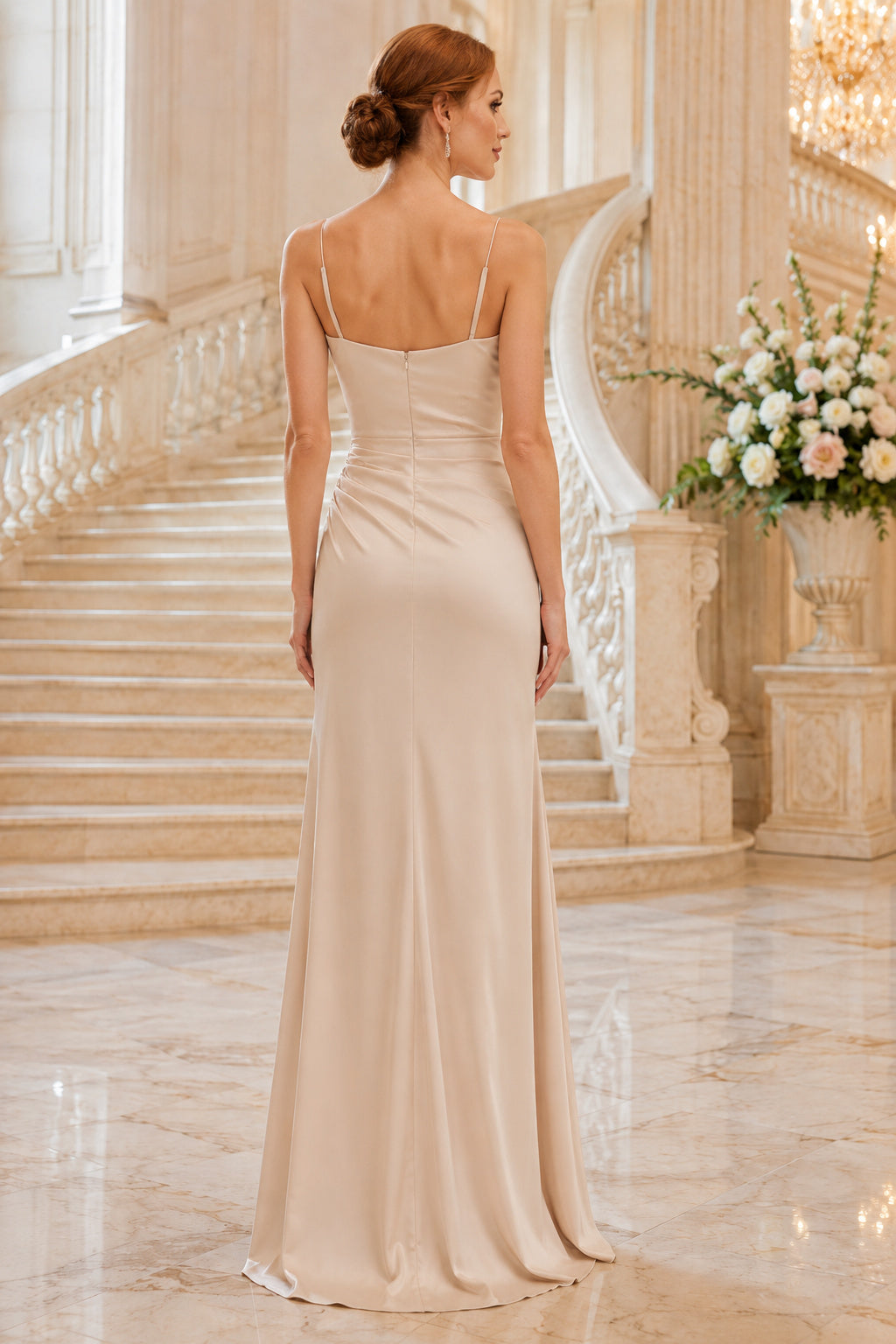 Champagne Cowl Neck Charmeuse Sheath Formal Dress with Spaghetti Straps and Ruched Waist back view