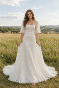 Ivory Square Neck Puff Sleeve Lace A-Line Wedding Dress with Sweep Train Style MG_700396 front view