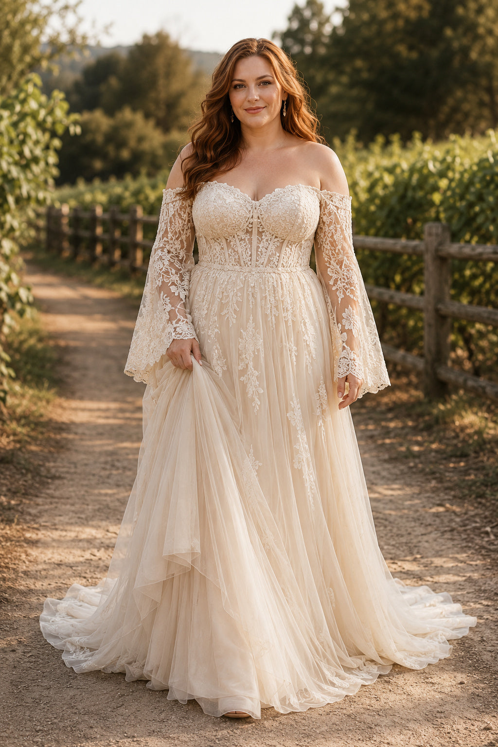 Plus Size Sweetheart Tulle A-Line Wedding Dress with Long Lace Sleeves front view
