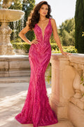 Fuchsia V-Neck Sequin Mermaid Formal Dress with Low Back and Sweep Train front view