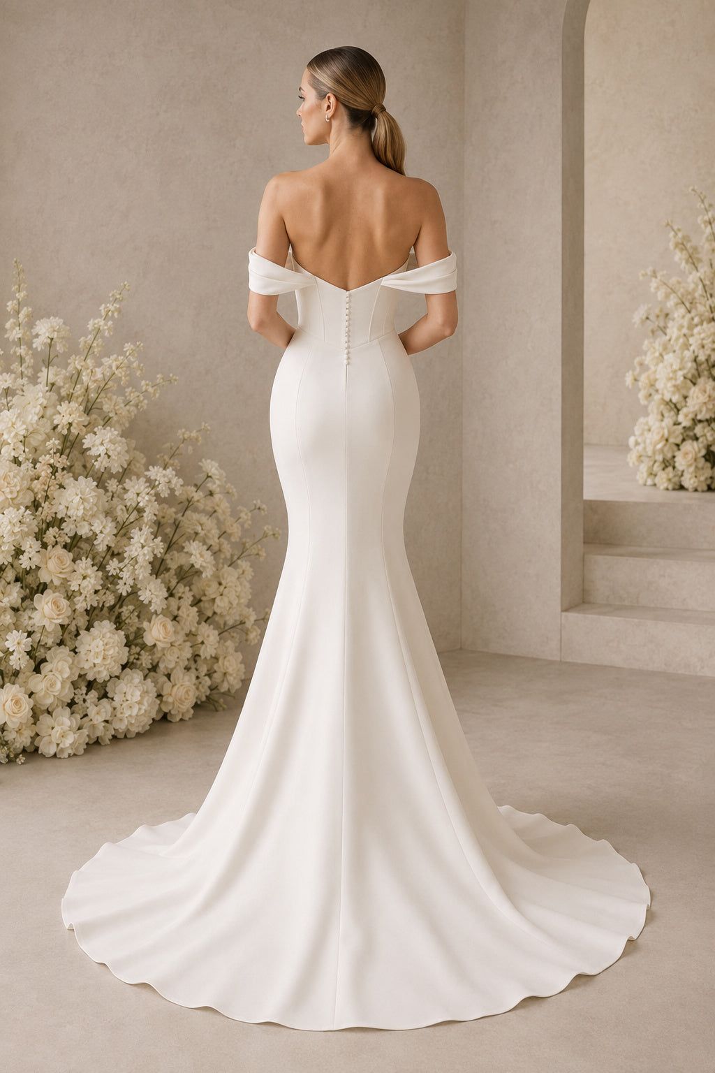 Wedding Mermaid Satin Dress with Off-Shoulder Neckline and Sweep Train back view