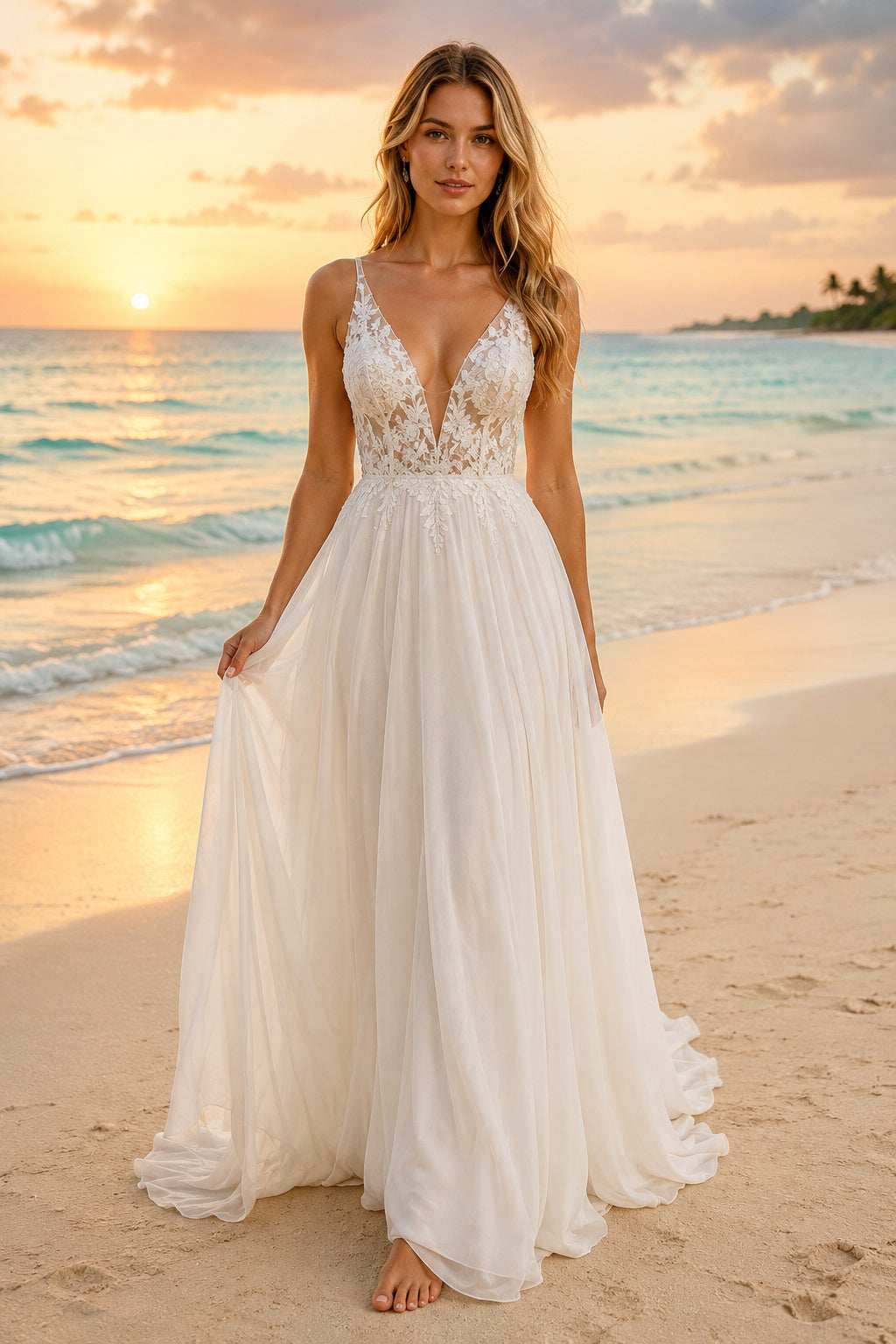 Ivory Spaghetti V-Neck Lace Bodice Tulle A-Line Wedding Dress for Bridal Ceremony and Reception front view