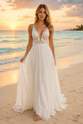 Ivory Spaghetti V-Neck Lace Bodice Tulle A-Line Wedding Dress for Bridal Ceremony and Reception front view