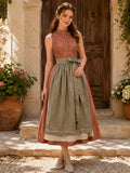 Warm Terracotta Linen Dirndl A Line Tea Length High Neck Sleeveless Apron front view