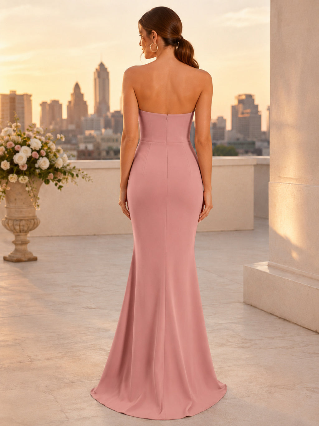 Dusty Rose Strapless Crepe Mermaid Evening Gown back view