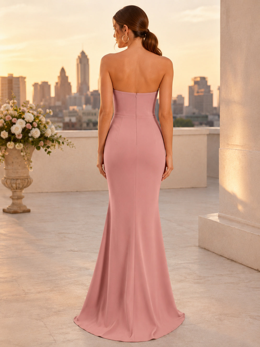 Dusty Rose Strapless Crepe Mermaid Evening Gown back view