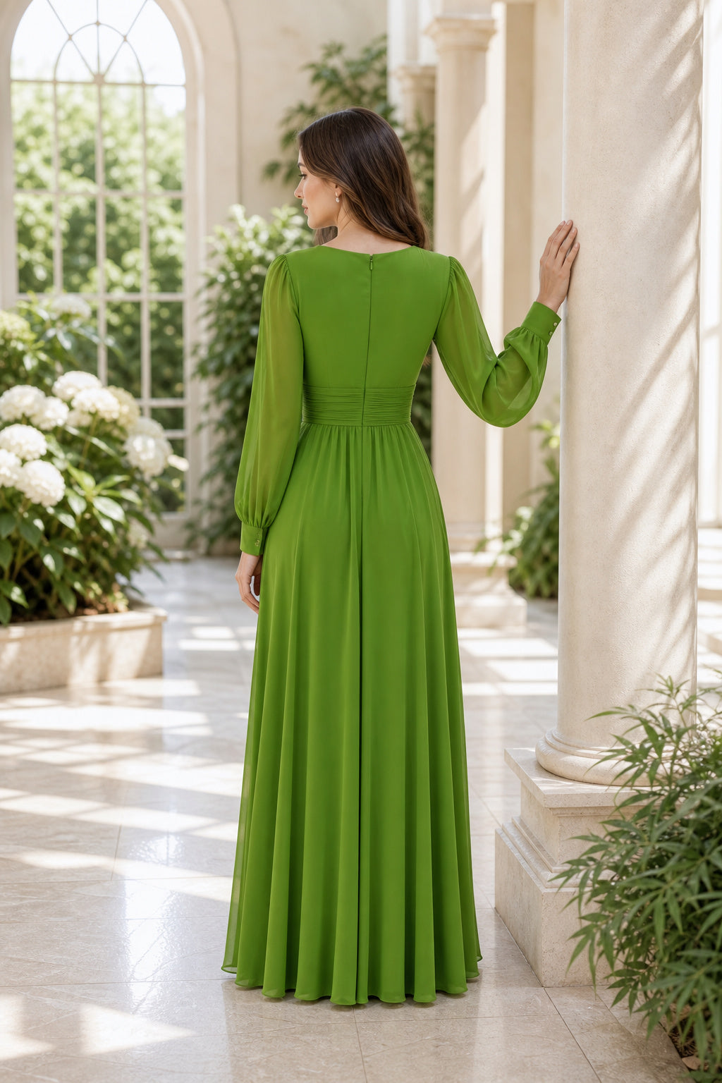 Lime V-neck Long Sleeve A-Line Chiffon Floor-Length Dress With Ruched Waist
