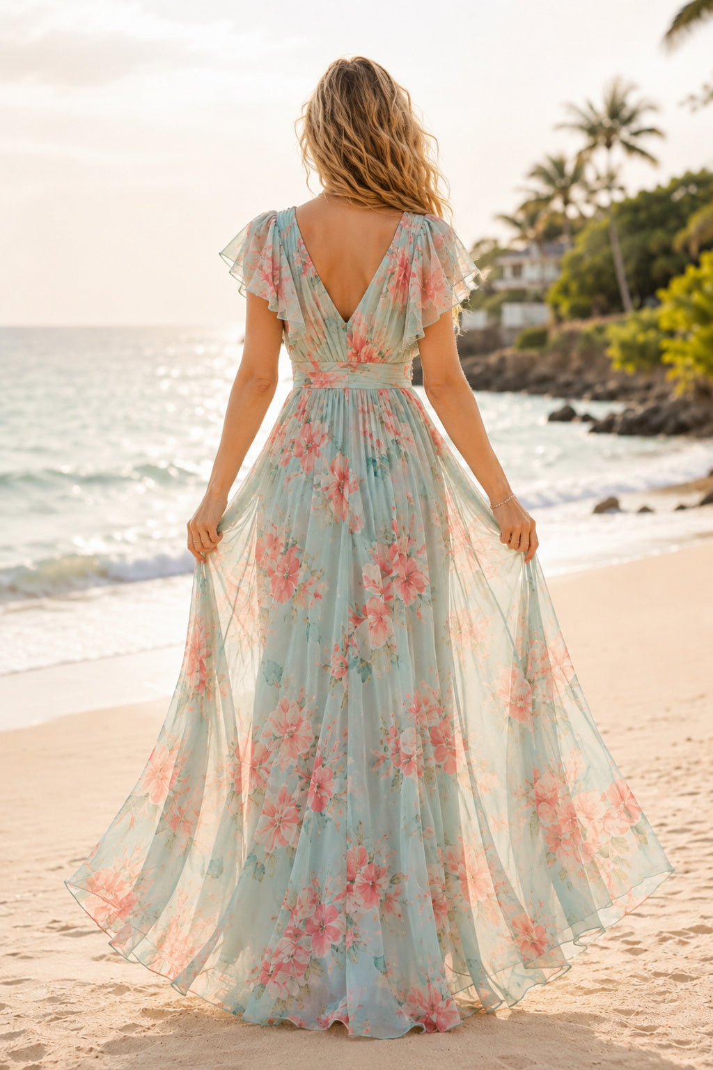 Dusty Rose Beach Wedding Guest Sheath Dress back view