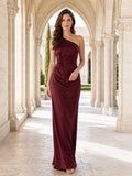Cathedral Ceremony Formal Burgundy Elegant Modern Sexy Sheath Satin Bridesmaid Dress with One-Shoulder Sleeveless Floor-Lengt