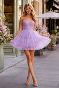 Lavender Tiered Tulle Homecoming Dress with Spaghetti Straps and Mini Skirt front view