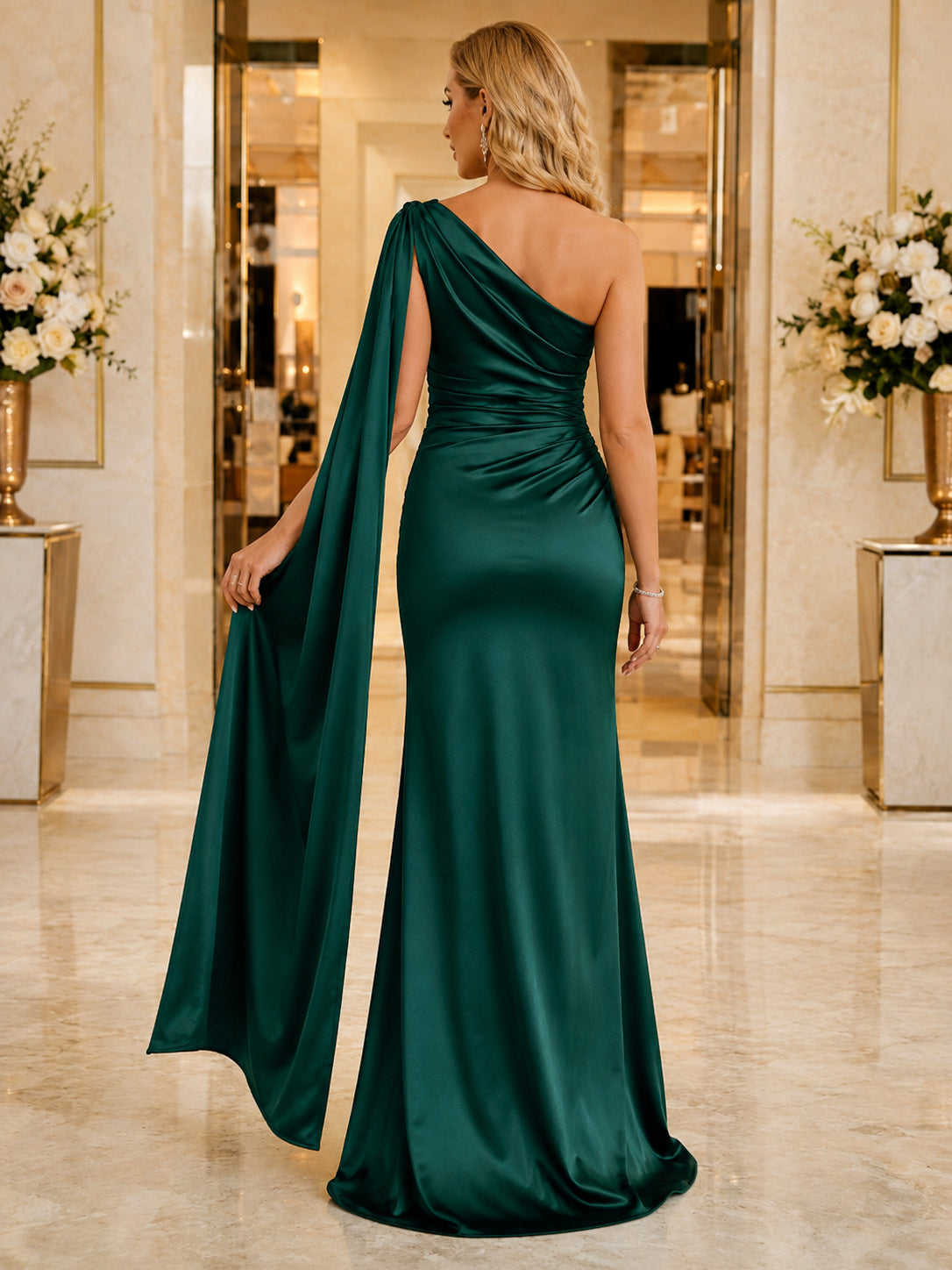 Dark Green Satin Cape Sleeve Winter Wedding Gown back view