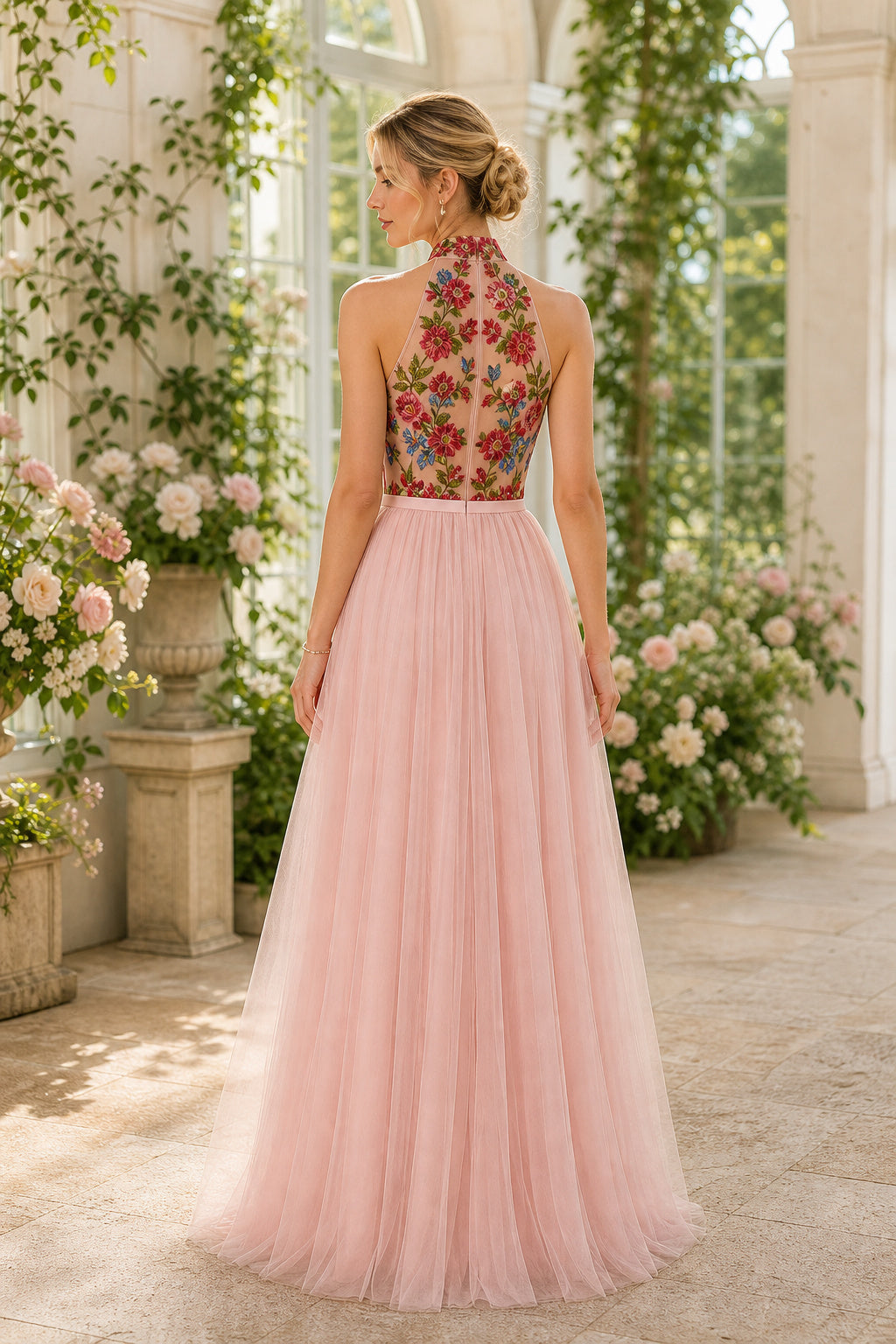 Blush High-Neck Sleeveless Two-Piece Tulle Floor-Length Dress With Floral Bodice