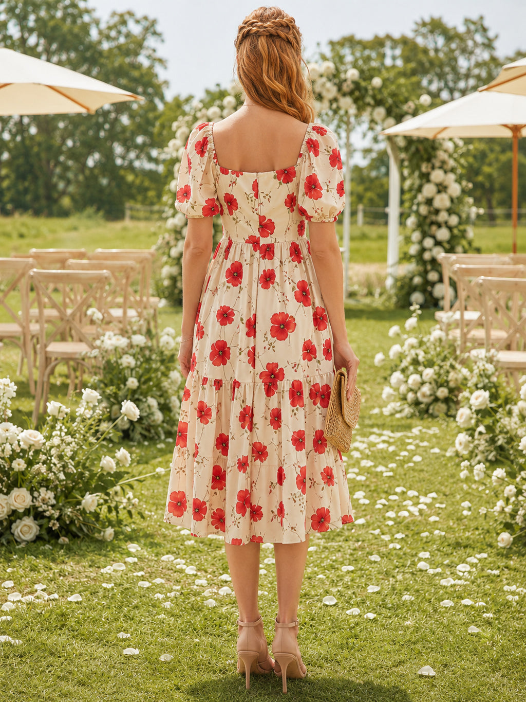 Ivory Red Poppy Square Neck Puff Tiered Midi Guest Dress back view