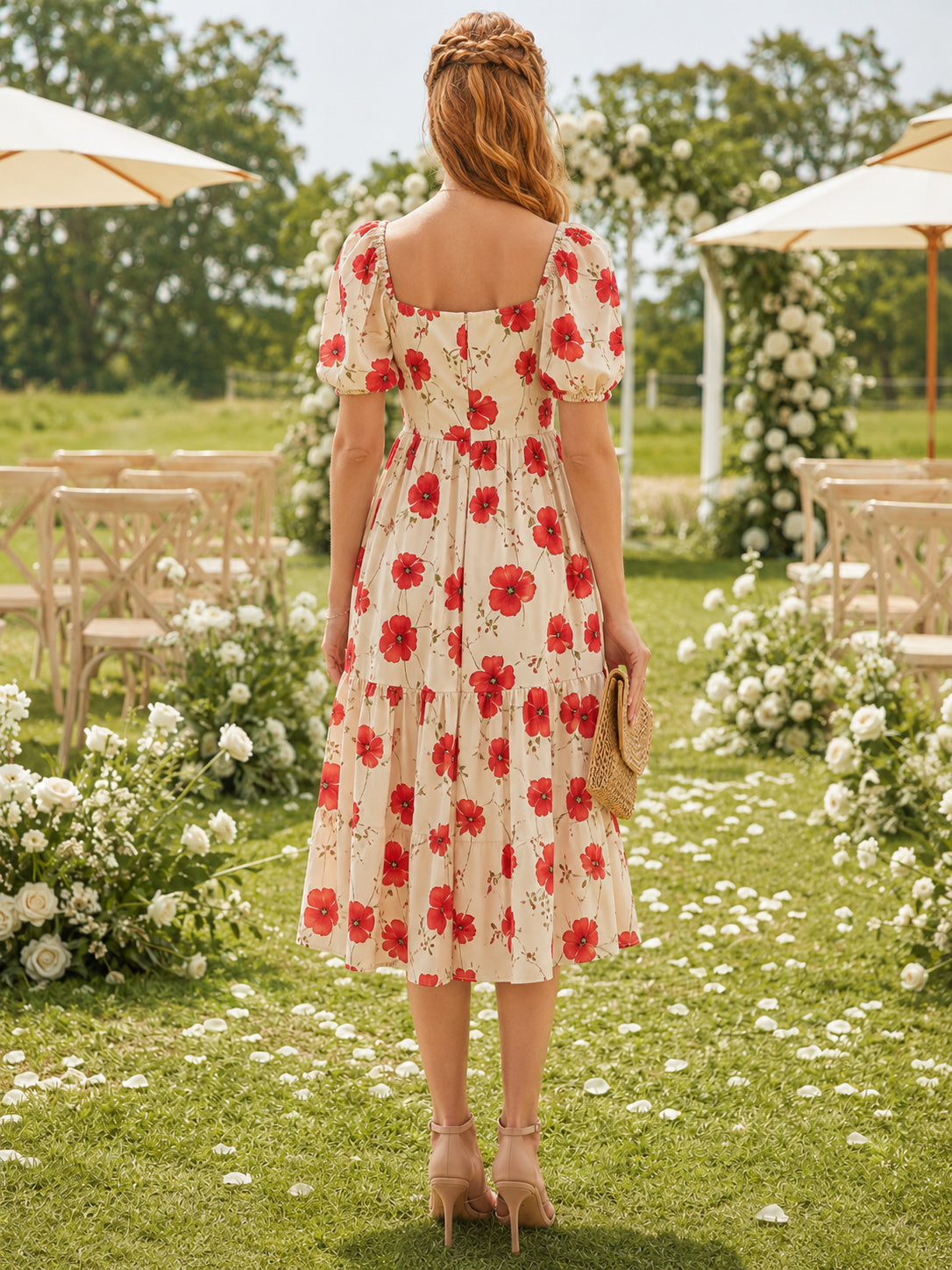 Ivory Red Poppy Square Neck Puff Tiered Midi Guest Dress back view