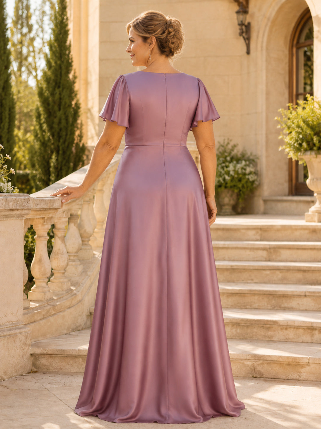 Plus Size Vintage Mauve Satin Elegant Mother Dress V-Neck Flutter Sleeve Ruched A-Line Floor-Length Gown back view