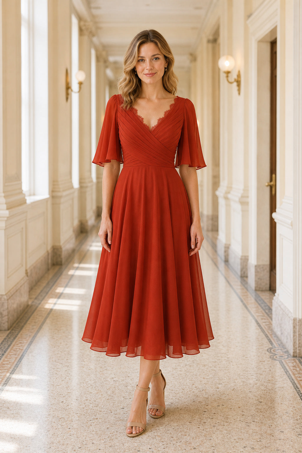 V-neck Flutter Sleeve A-Line Chiffon Tea-Length Dress