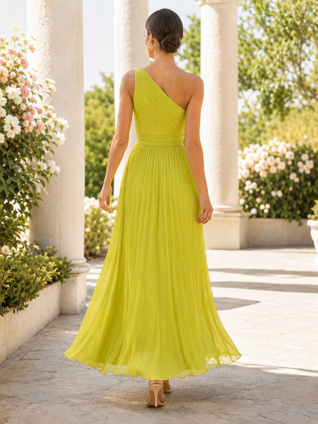 Chartreuse One Shoulder Pleated Chiffon Ankle Length A Line Dress back view