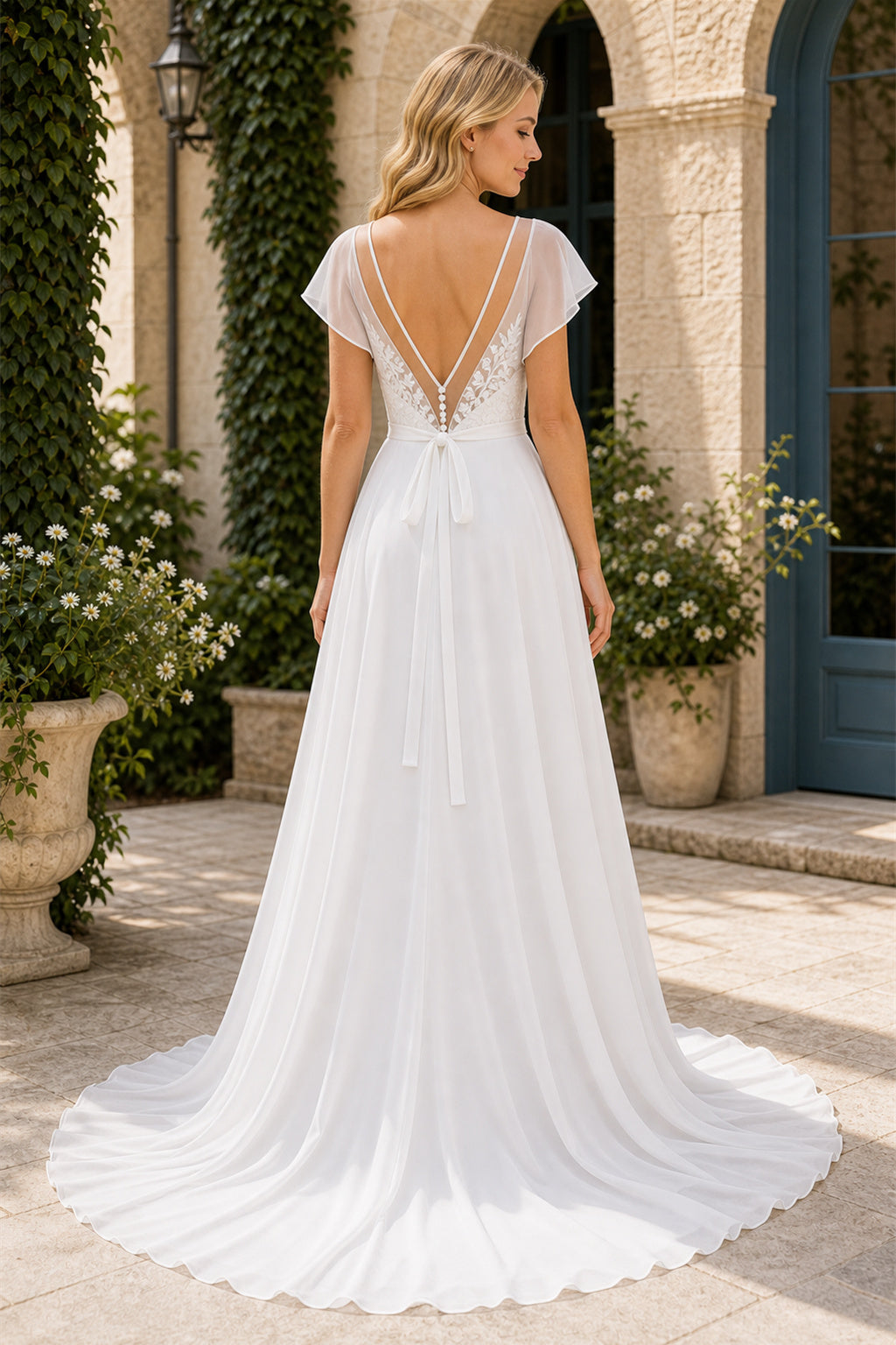 Ivory V-neck Cap Sleeve A-Line Chiffon Wedding Dress With Open Back