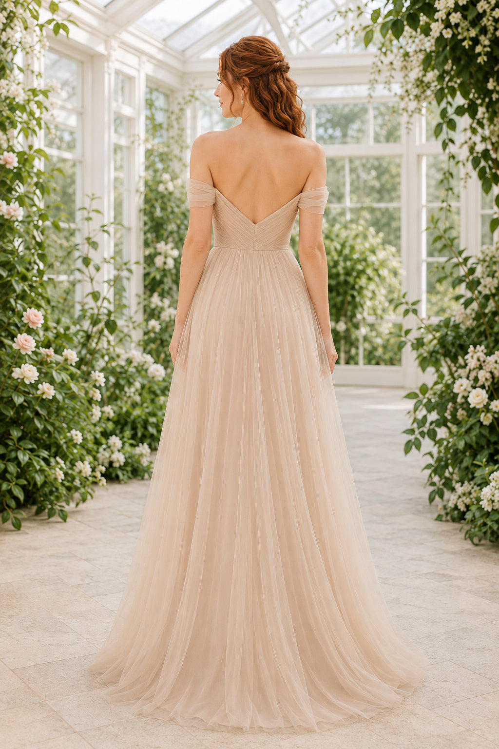 Champagne Strapless Tulle A-Line Wedding Dress with Sweetheart Neck and Soft Full Skirt back view