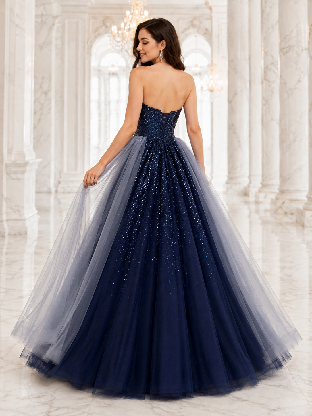 Dark Navy Silver Strapless Sweetheart Sequin Tulle Overskirt Quinceanera Princess Ball Gown back view