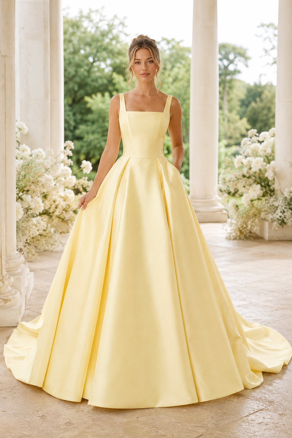Prom Dress Daffodil Satin Ball Gown Square Neck Sleeveless Sweep Train front view