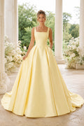 Prom Dress Daffodil Satin Ball Gown Square Neck Sleeveless Sweep Train front view