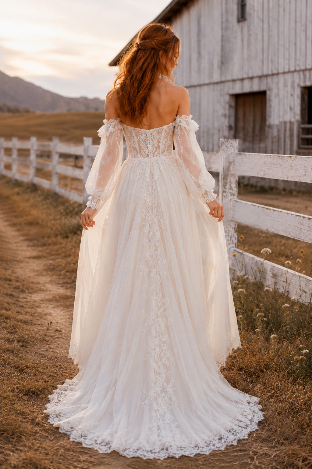 Ivory Off-the-Shoulder Long Sleeve Lace A-Line Wedding Dress with Tulle Train back view