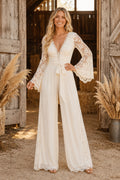 Ivory Long Bell Sleeve Lace Bridal Jumpsuit with Deep V-Neck and Wide Pants front view
