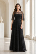 Black Bateau Short Sleeve A-Line Tulle Floor-Length Dress With Sheer Overlay