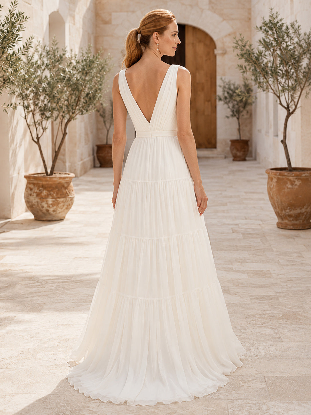 Breathable V-Neck Wide Strap Tiered Chiffon A-Line Summer Wedding Dress back view