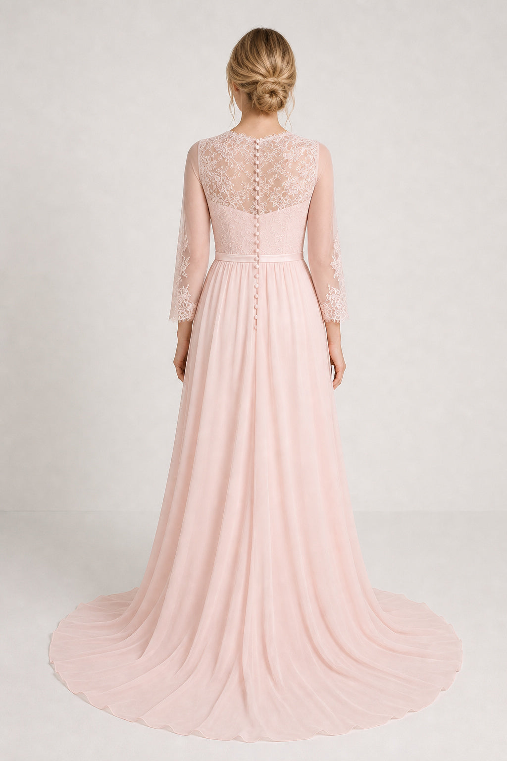 Blush Bateau Long Sleeves A-Line Chiffon, Lace Floor-length Formal Dress With Lace Bodice