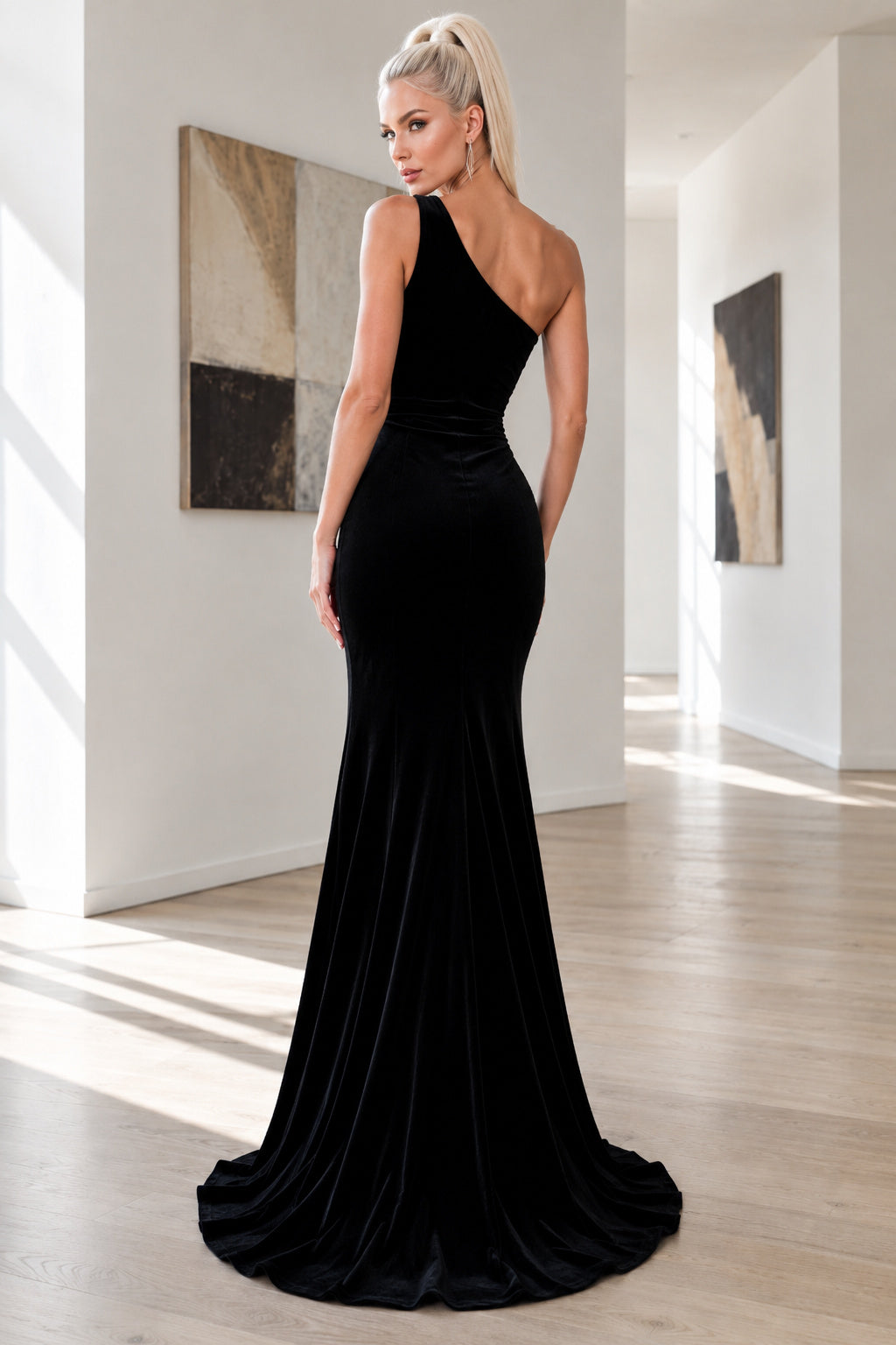 Black One-Shoulder Velvet Mermaid Prom Dress with High Slit and Sweep Train back view