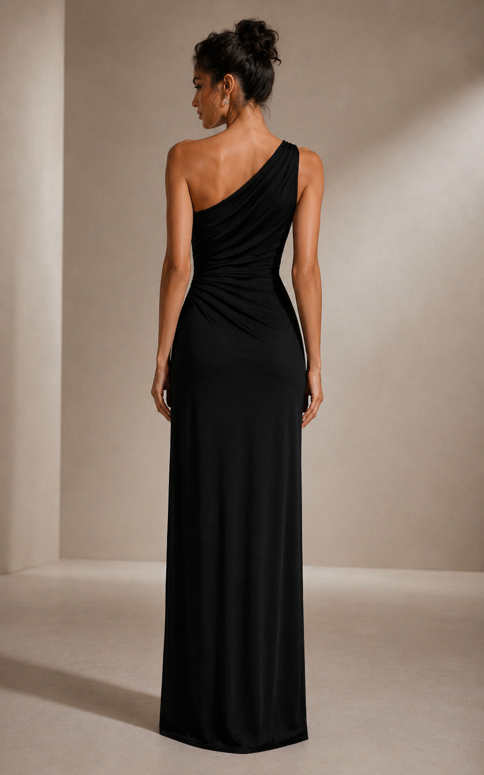 Black Column Evening Dress with High Slit One Shoulder Ruched Formal Gown back view