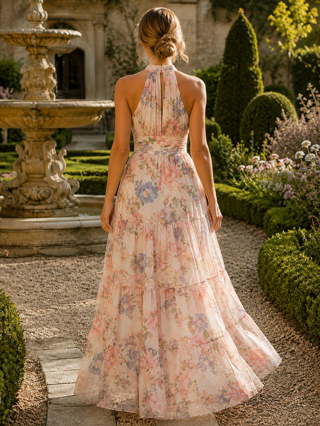 Pastel Floral Halter Neck Chiffon Garden Maxi Dress back view