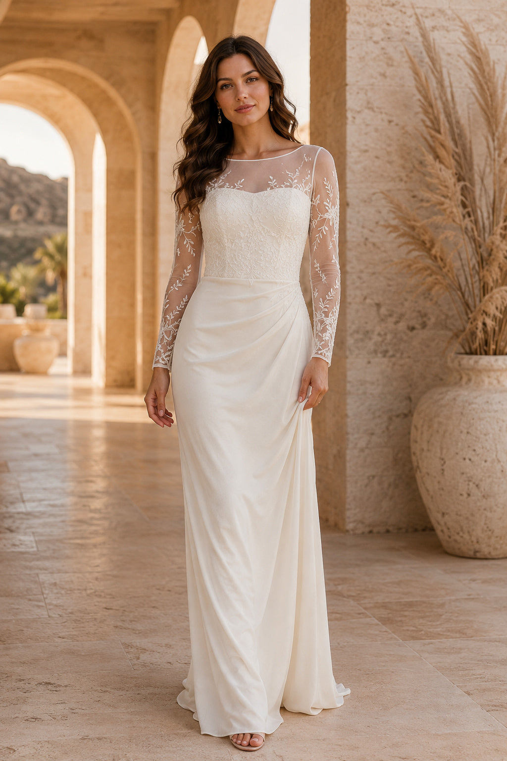 Bateau Long Sleeve Sheath Wedding Dress with Illusion Lace Sleeves and Soft Skirt front view