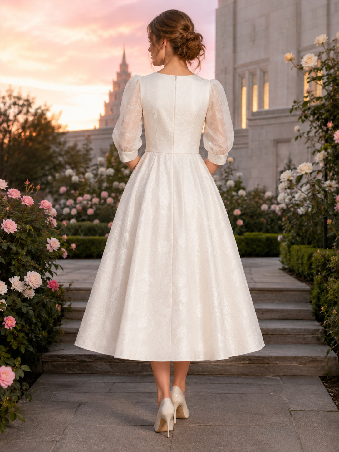 Modest Jewel Neck Sheer Puff Sleeve Tea Length Wedding Dress back view